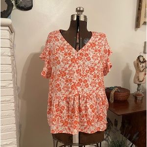 Studio B by Bobeau V-neck Button Front Top Cap Sleeves XL Orange and White